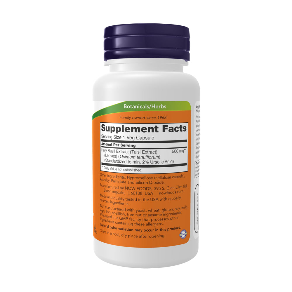 Close-up of NOW Foods Holy Basil 500 mg capsules bottle with 90 vegan capsules