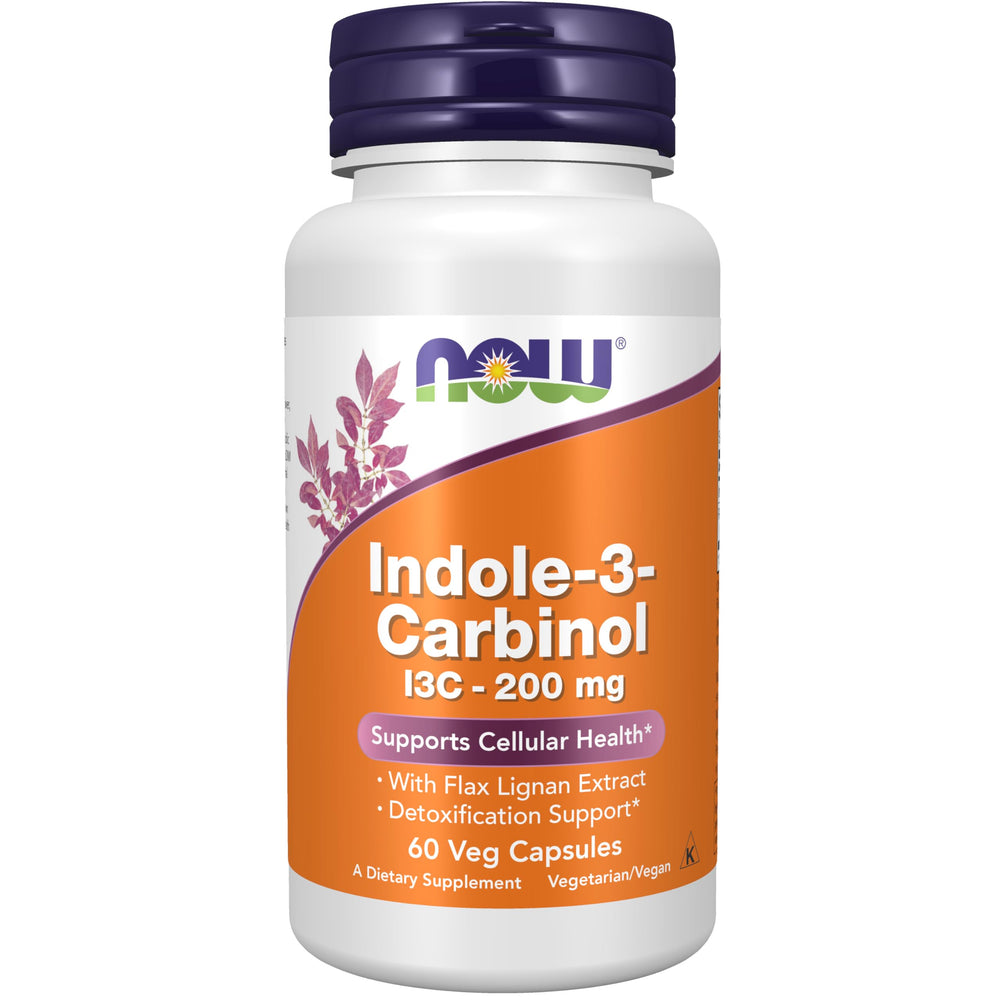 NOW Foods Indole-3-Carbinol 200 mg with Flax Lignan Extract bottle – front view