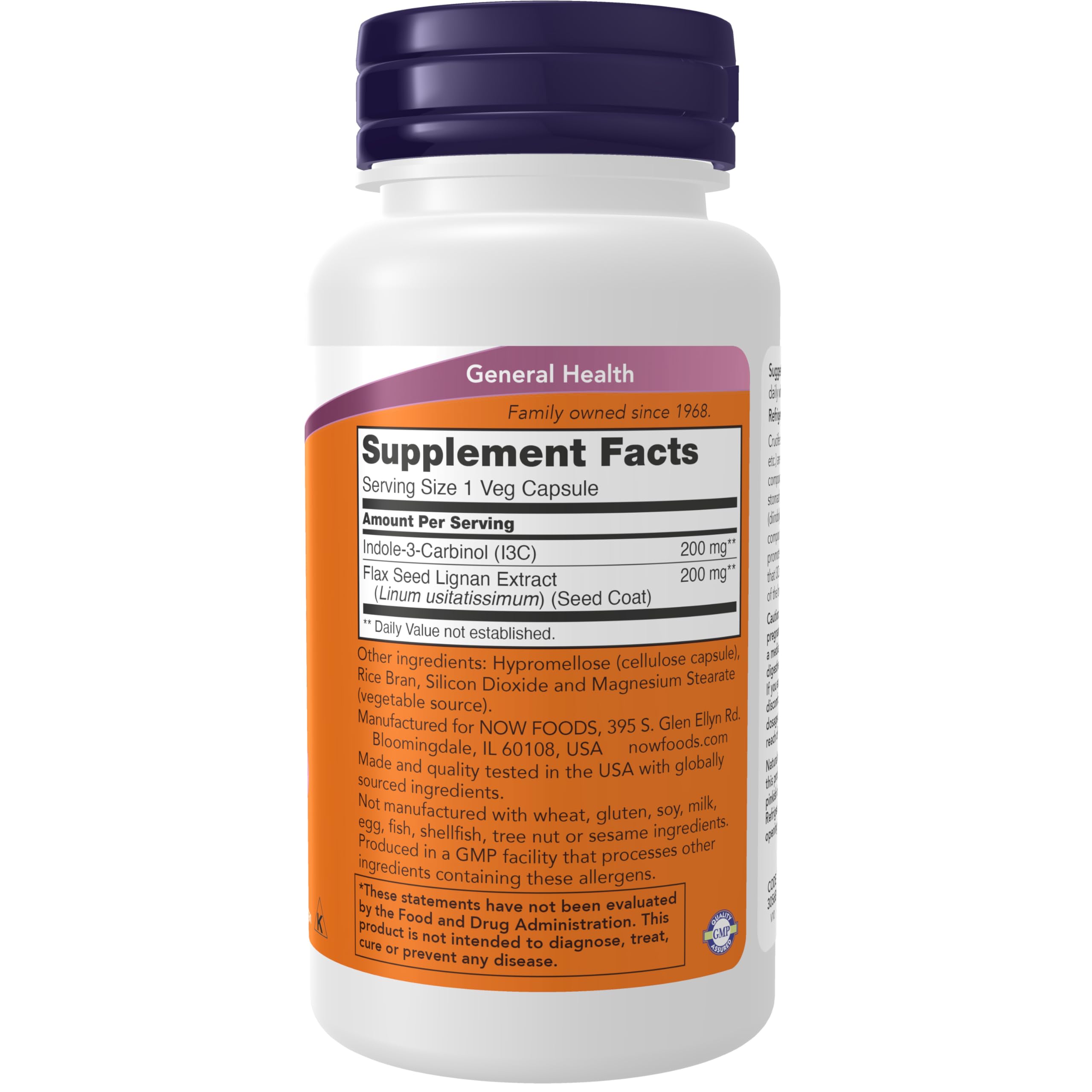 Indole-3-Carbinol 200 mg with Flax Lignan Extract ingredients label close-up
