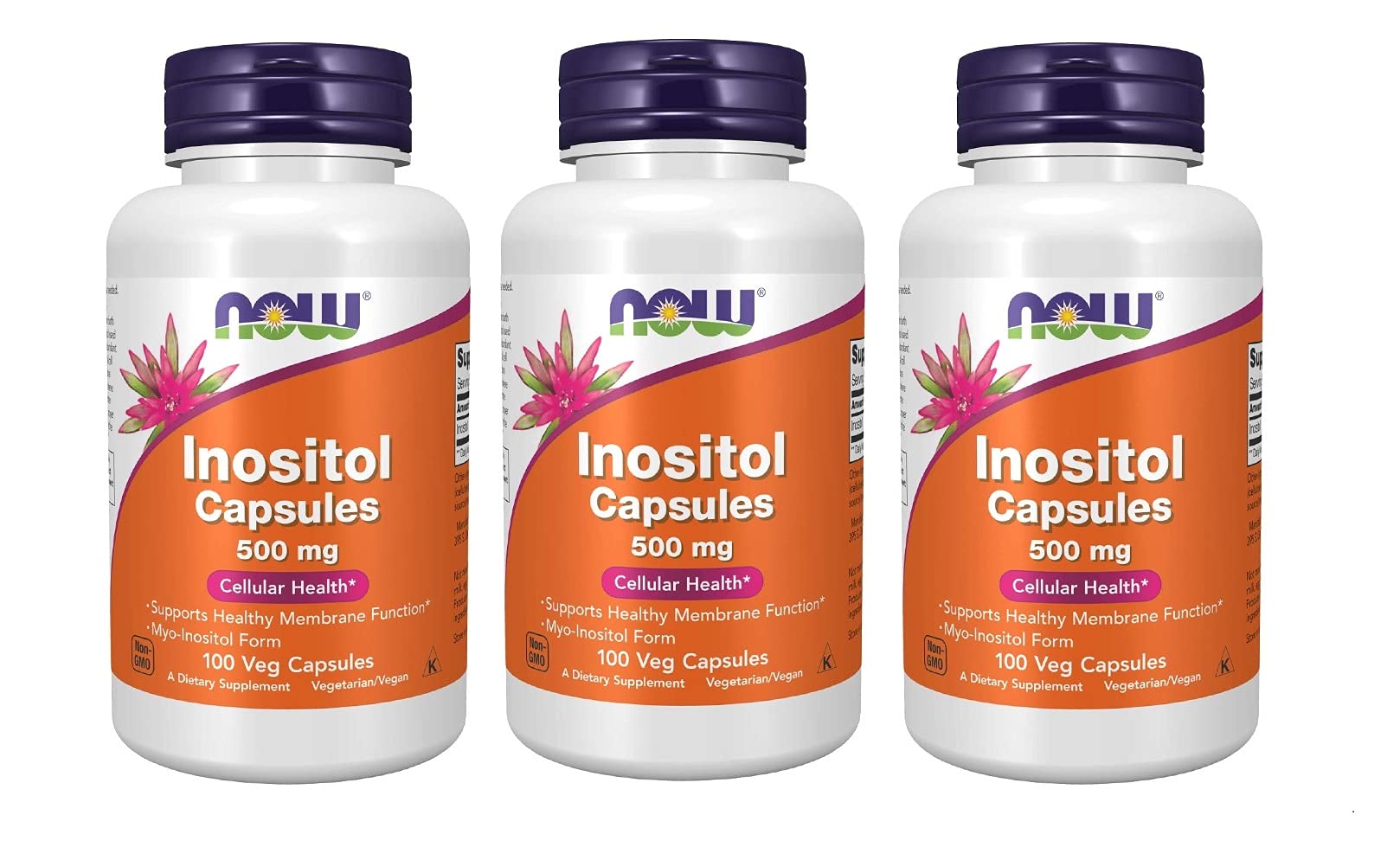 NOW Foods Inositol 500mg 100 capsules pack of 3 bottle front