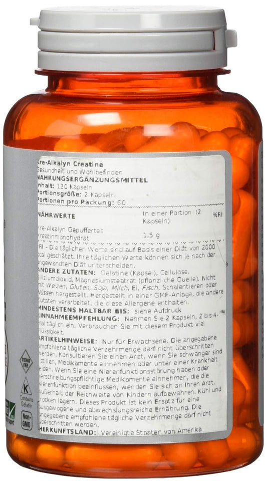 Kre-Alkalyn Creatine 120 Capsules bottle label close-up