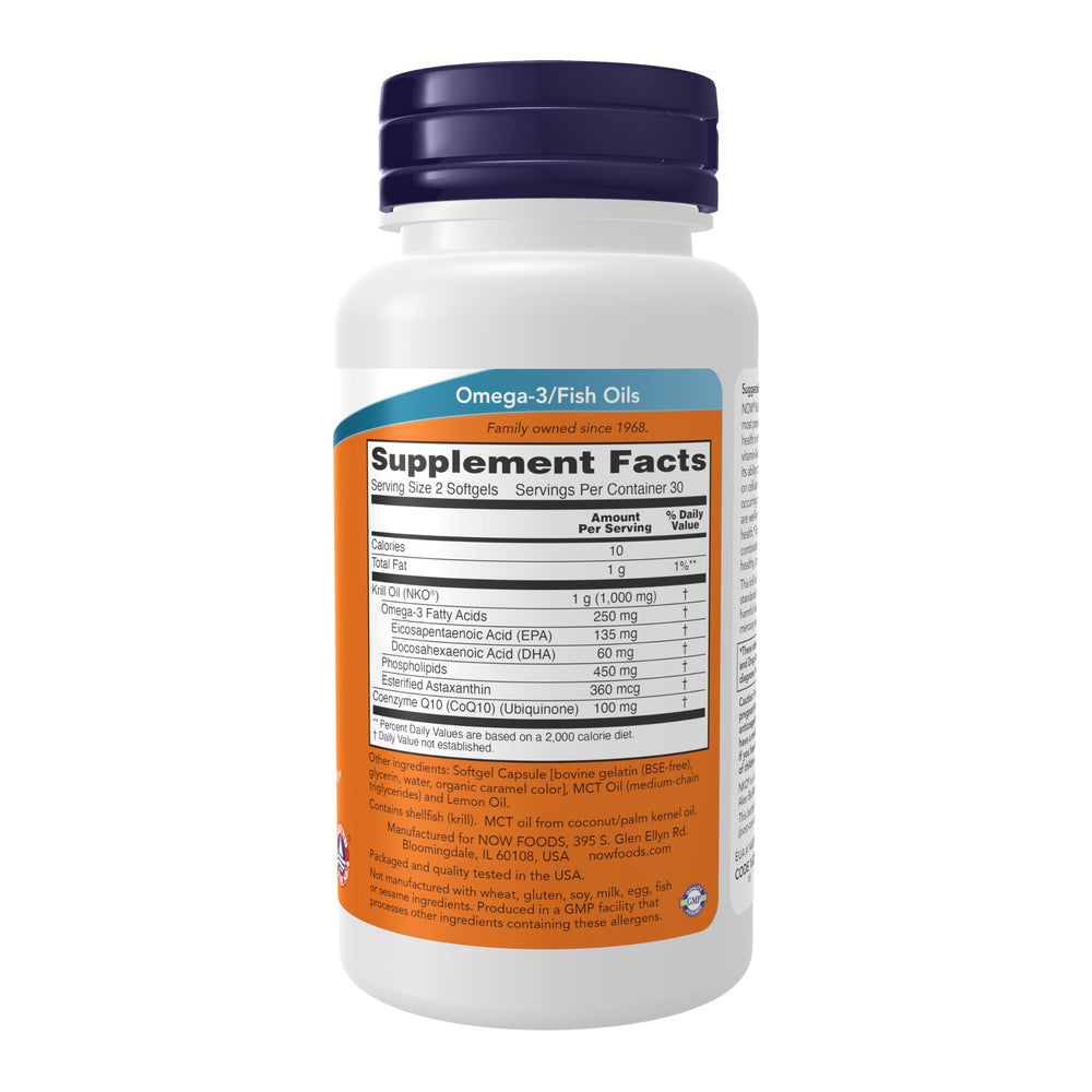 Close-up of Krill oil and CoQ10 ingredients on NOW Foods softgels label