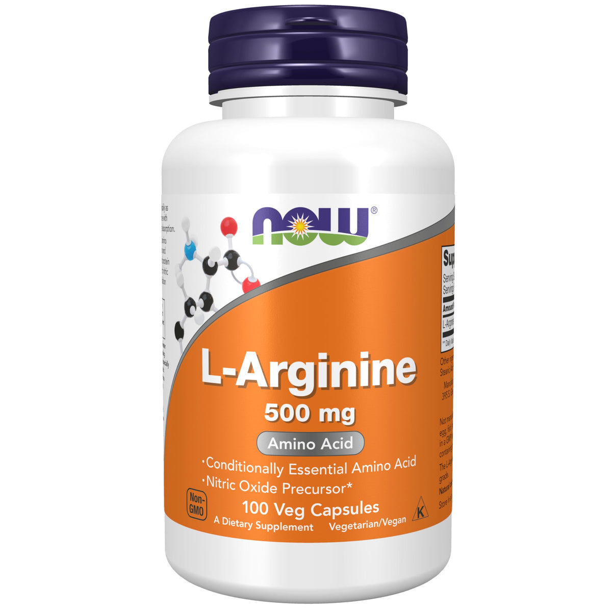 NOW Foods L-Arginine 500 mg bottle with 100 vegetarian capsules