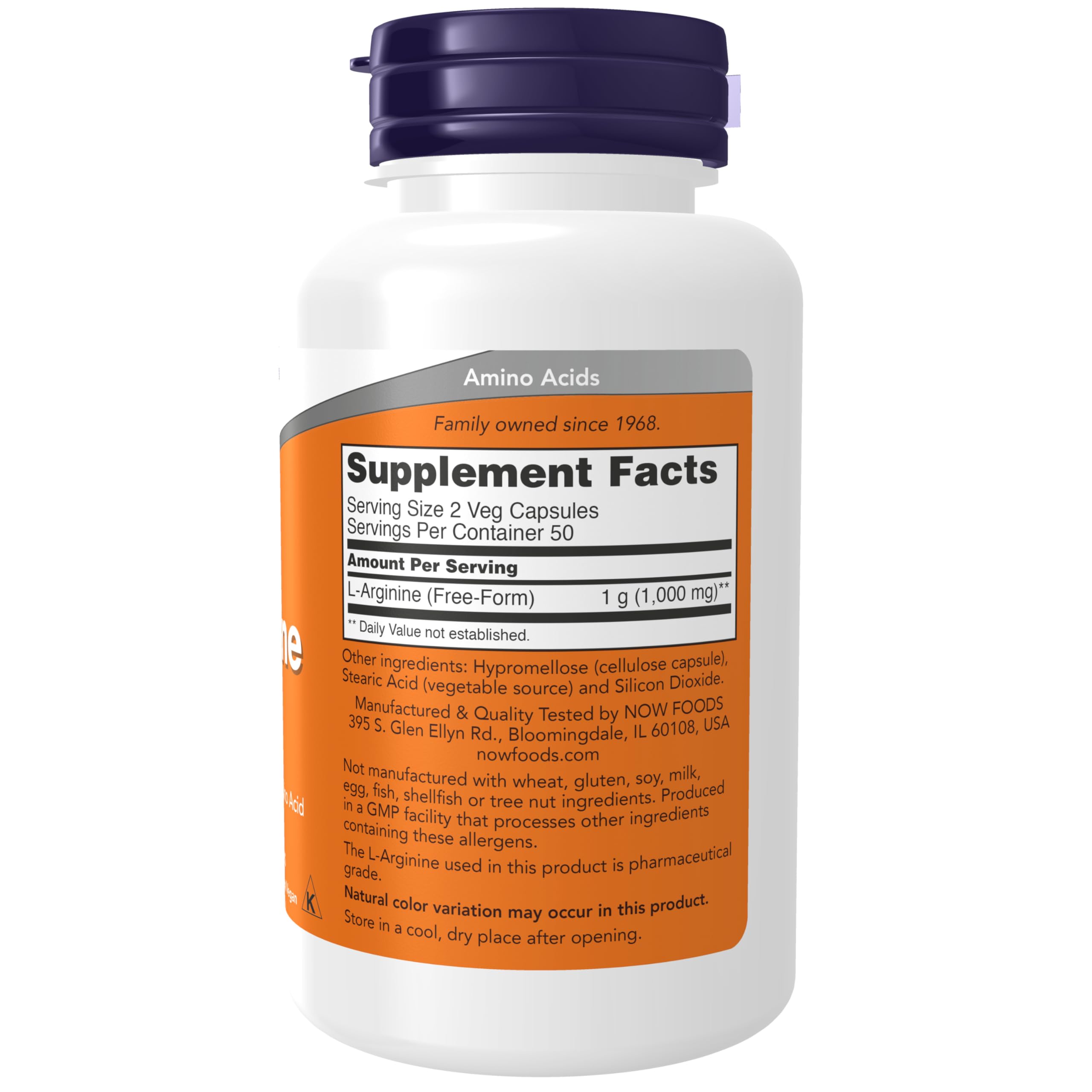 Close-up of NOW L-Arginine 500 mg capsules