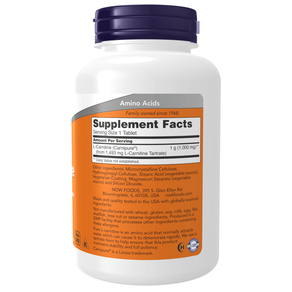 NOW Foods L-Carnitine 1,000 mg tablets back label with supplement facts