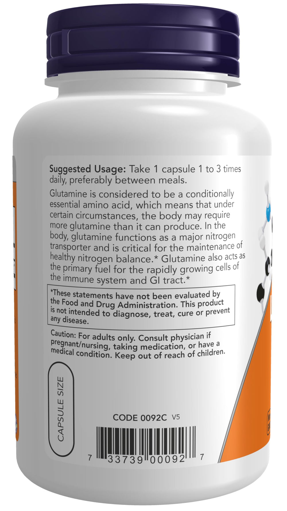 Side view of NOW Foods L-Glutamine bottle