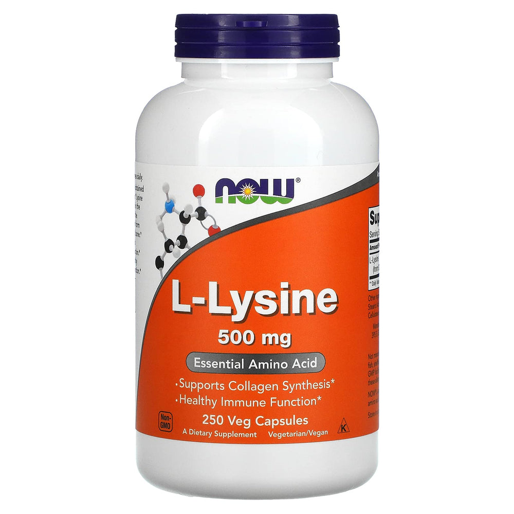 NOW Foods L-Lysine 500 mg bottle – side view with label