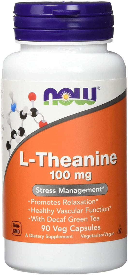 Now Foods L-Theanine 100 mg bottle with 90 capsules