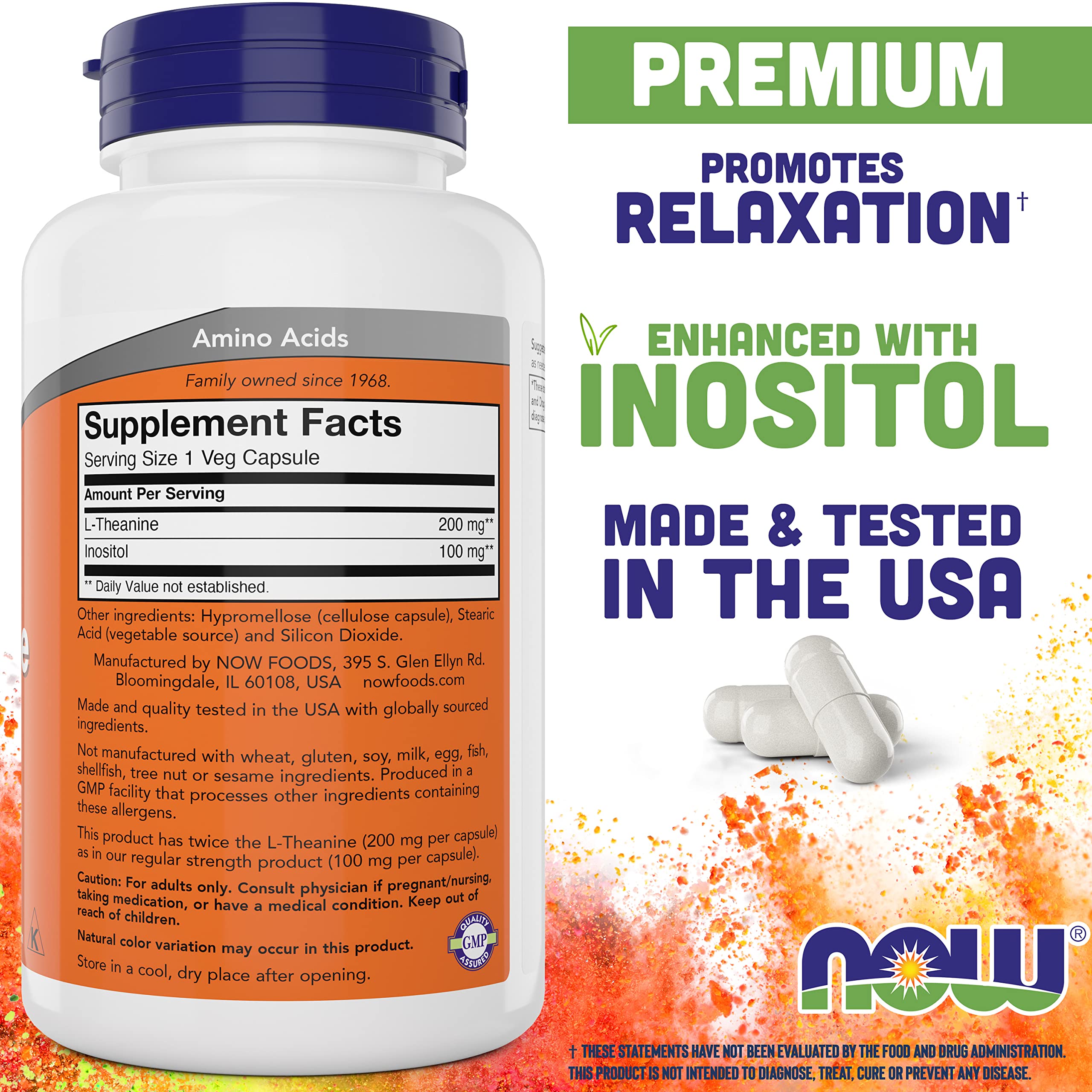 Bottle of NOW Foods L-Theanine 200 mg 180 capsules