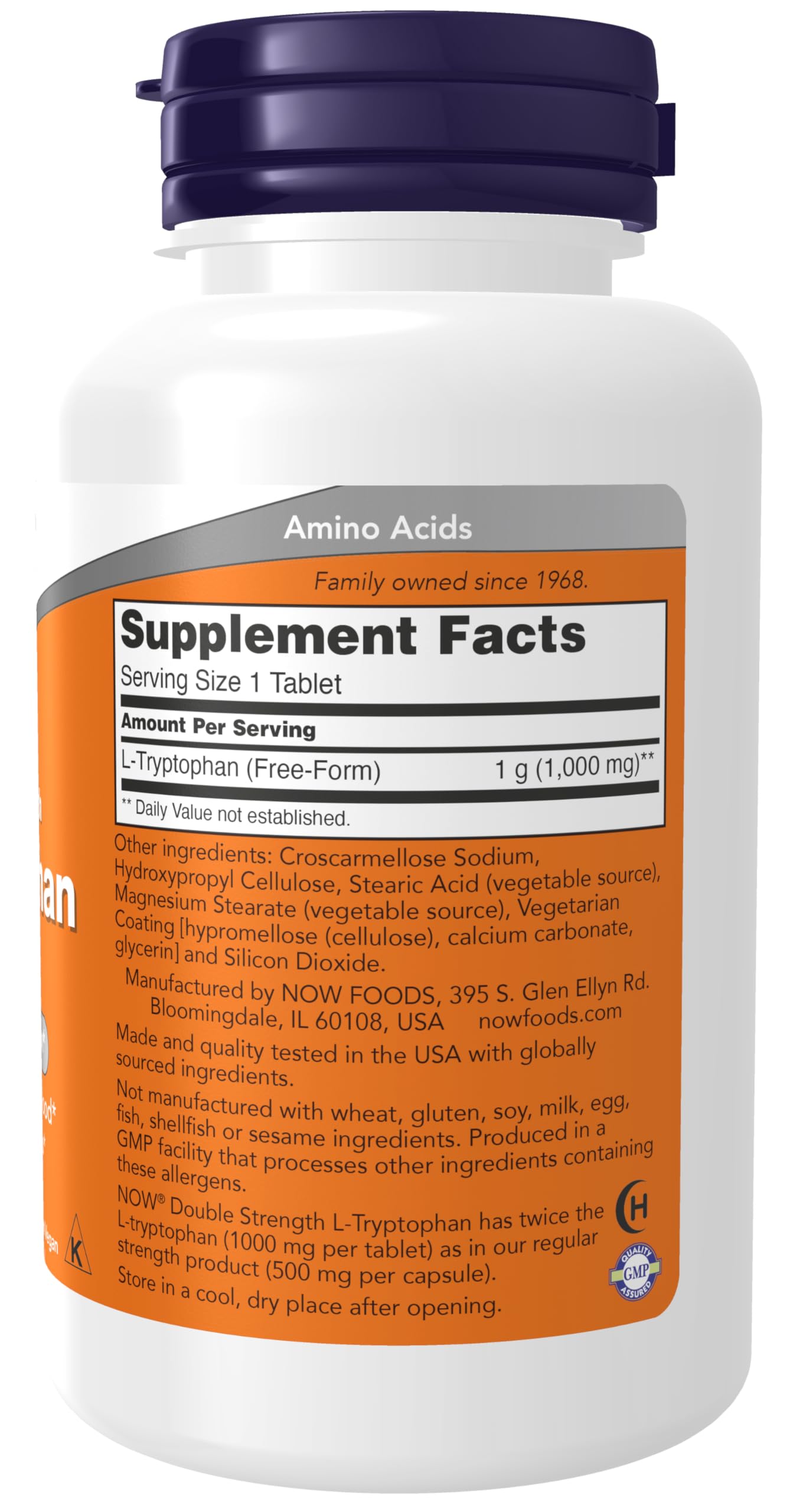 Close-up of NOW Foods L-Tryptophan 1000 mg label
