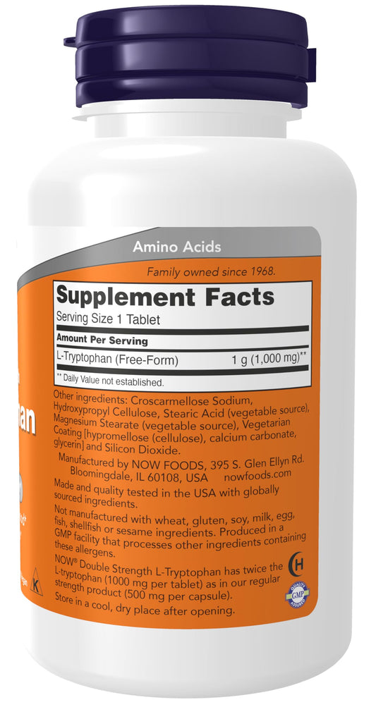 Close-up of NOW Foods L-Tryptophan 1000 mg label