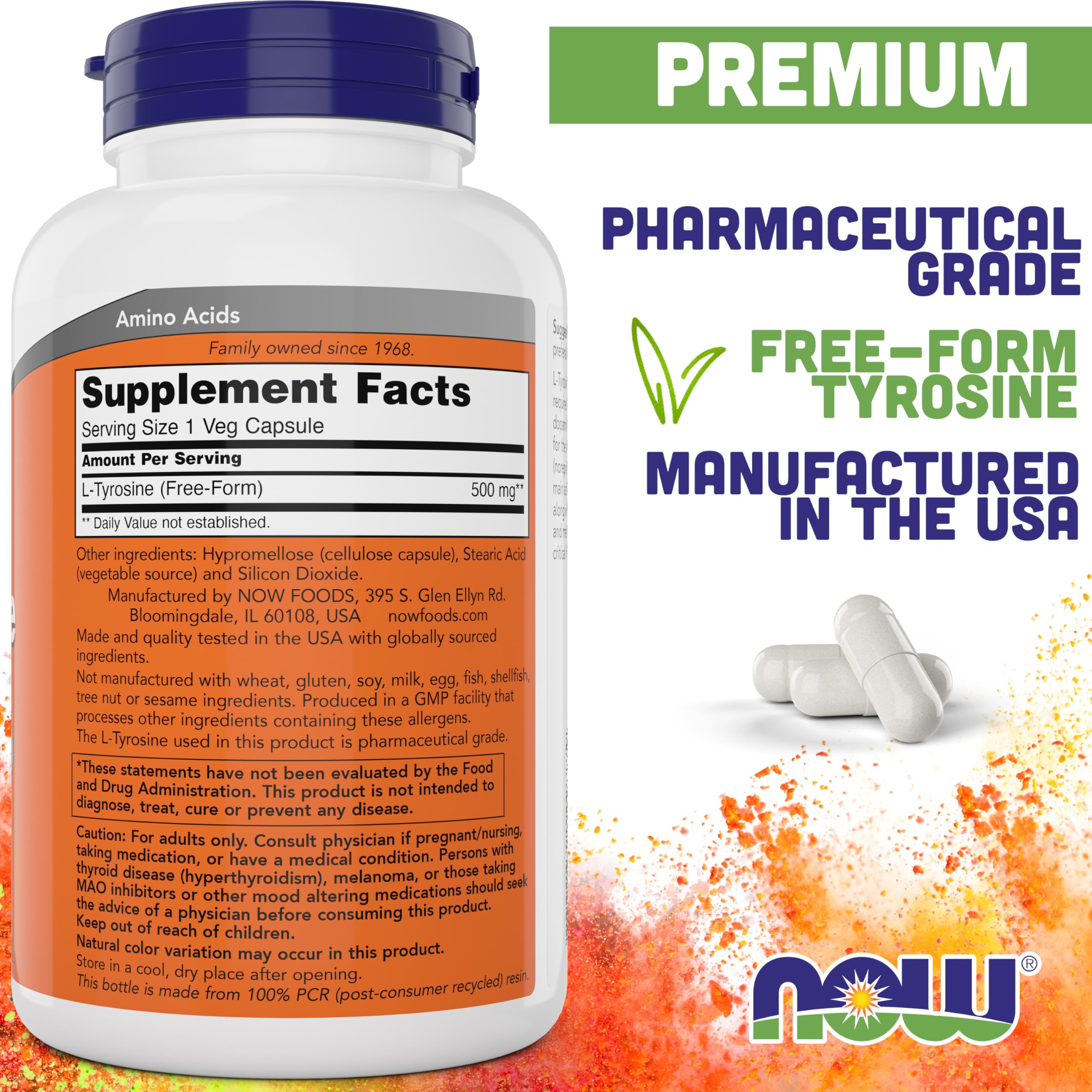 Close-up image of NOW Foods L-Tyrosine 500mg bottle label
