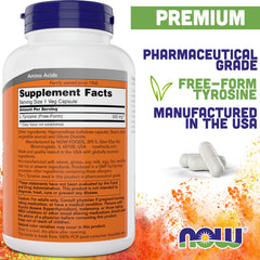 Close-up image of NOW Foods L-Tyrosine 500mg bottle label