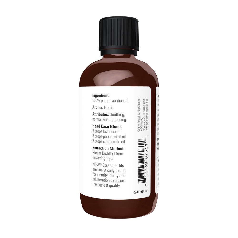 Lavender essential oil bottle label close-up