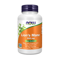 NOW Foods Lion's Mane 500 mg organic mushroom capsules bottle