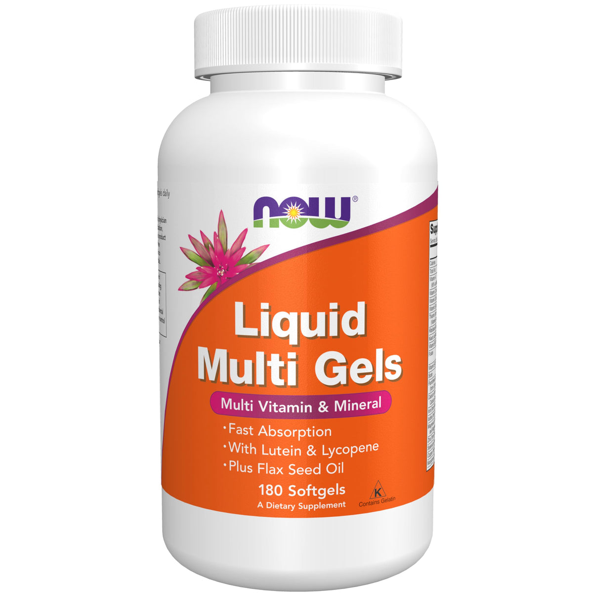 NOW Foods Liquid Multi Gels bottle label featuring lutein and lycopene
