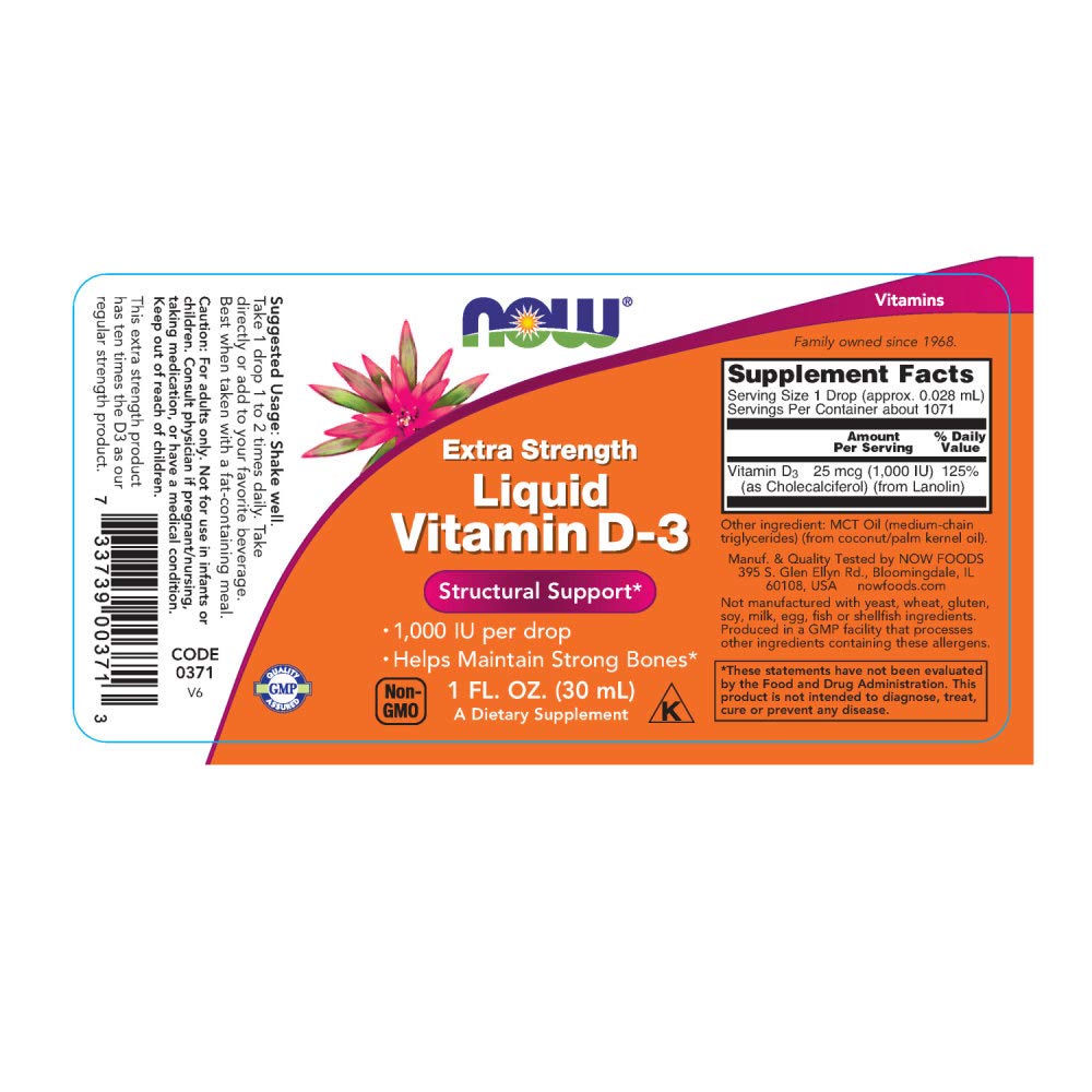 Close-up of NOW Foods Vitamin D3 Liquid bottle showing 1000 IU