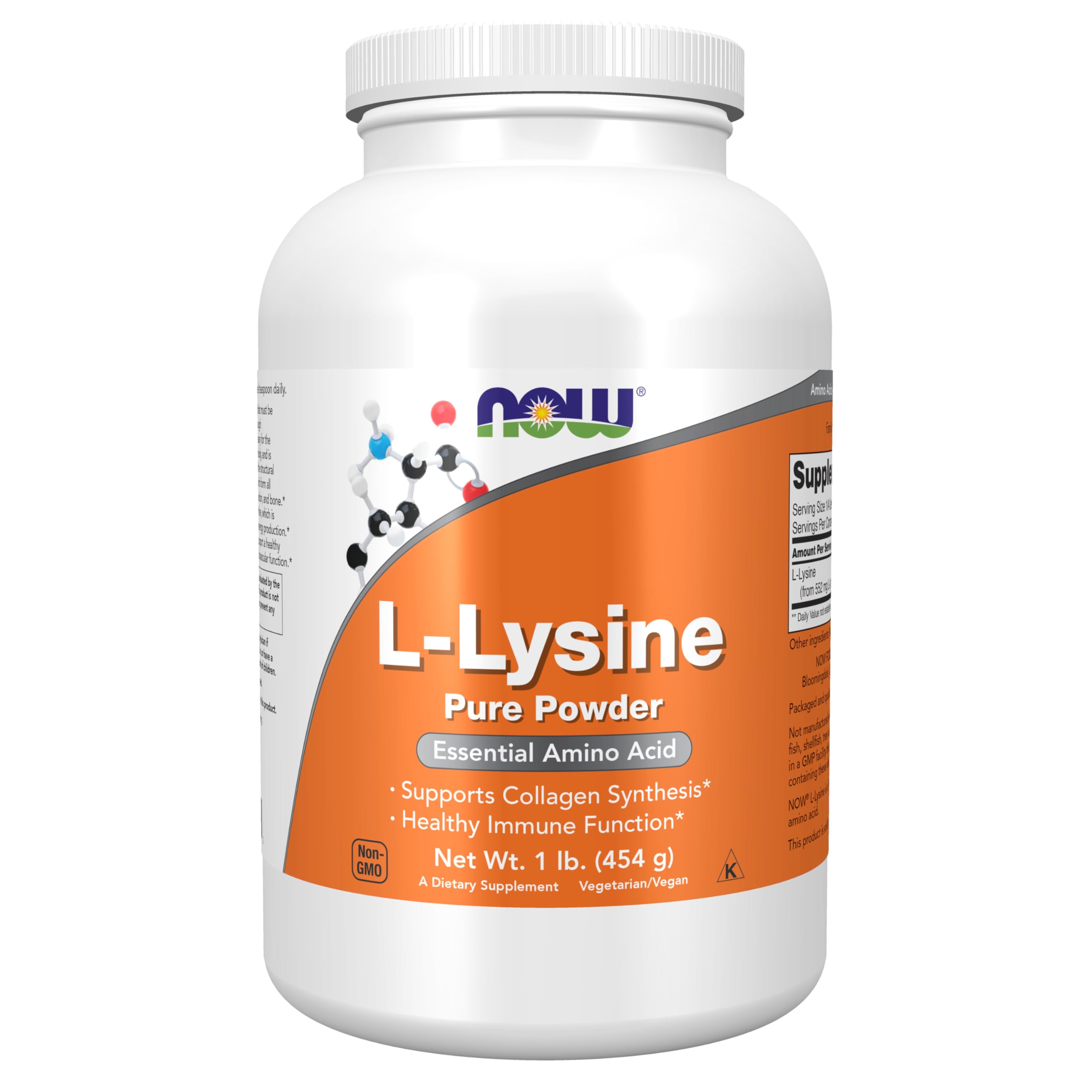 NOW Foods L-Lysine HCl powder front view of the 1 lb container