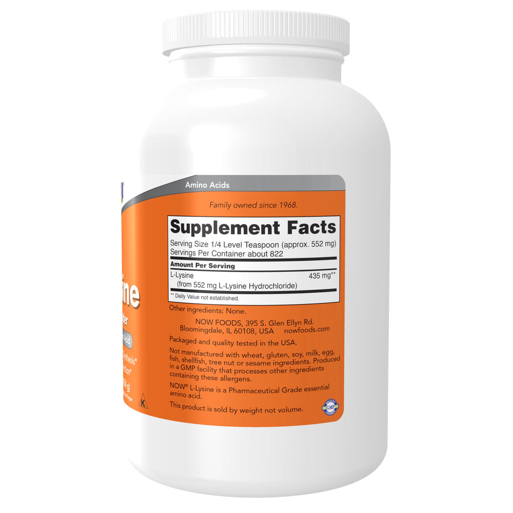 L-Lysine HCl powder label with ingredients and supplement facts