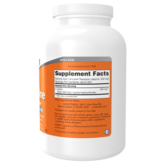 L-Lysine HCl powder label with ingredients and supplement facts
