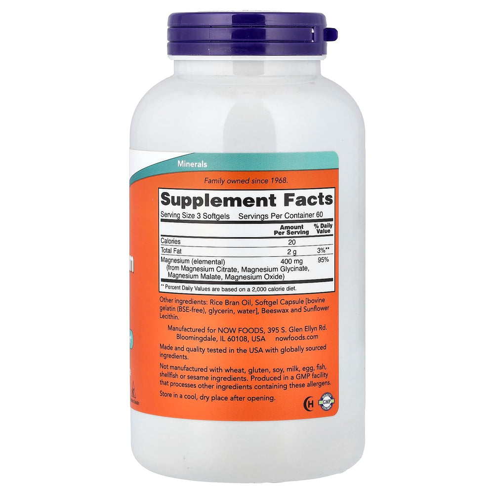 Close-up of NOW Foods Magnesium Citrate Softgels