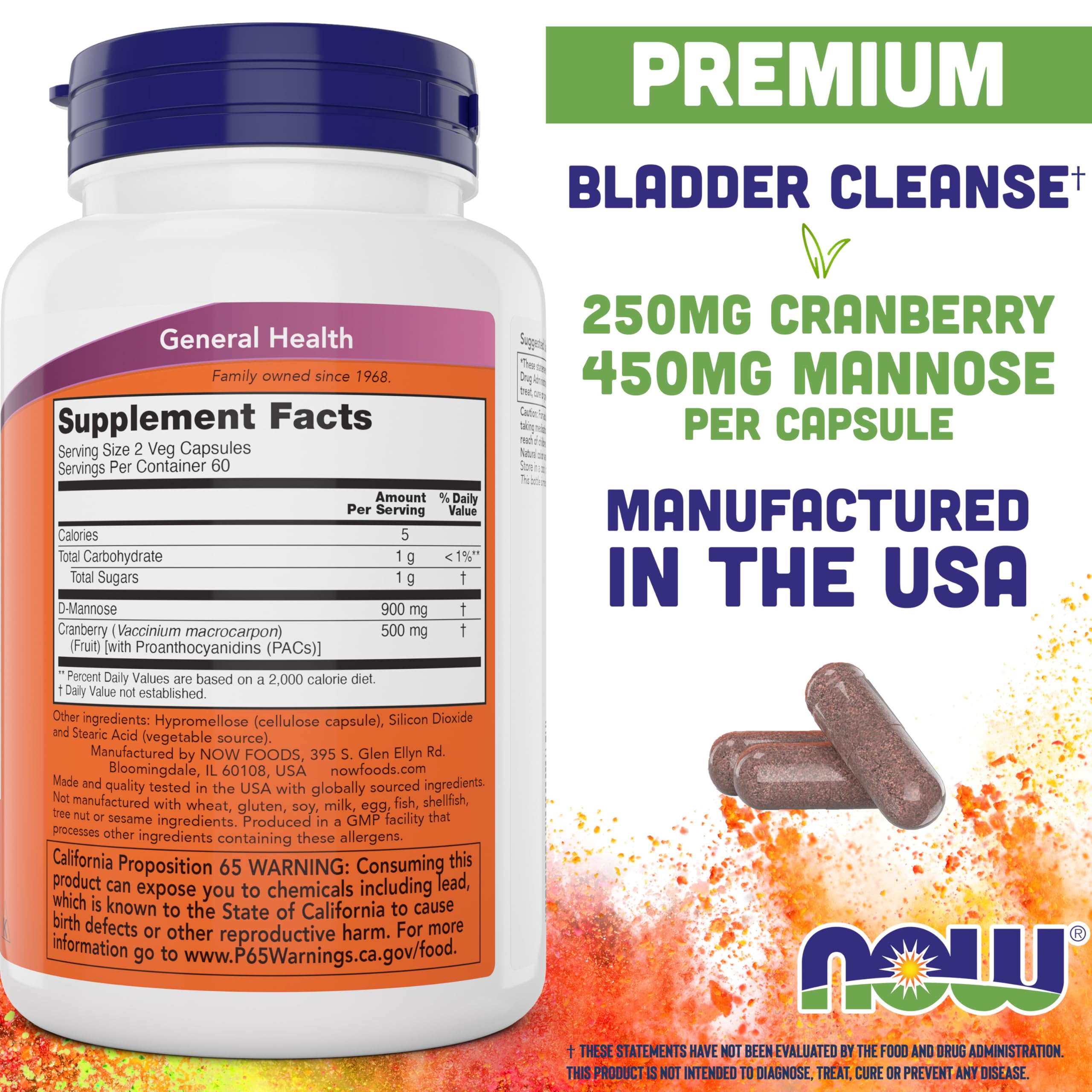 Close-up of NOW Foods Mannose Cranberry capsules