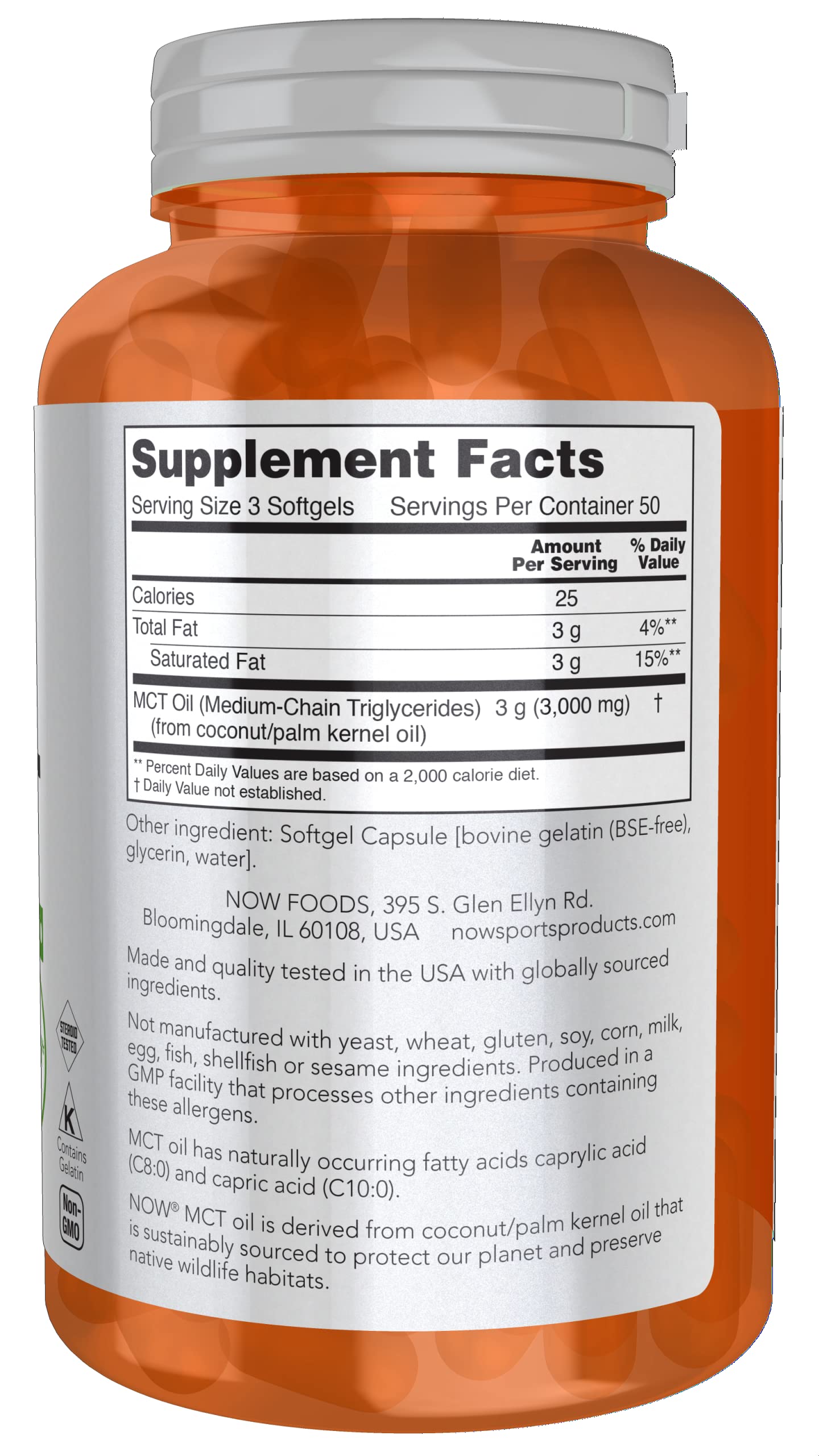 Close-up of NOW Foods MCT Oil 1000 mg bottle and label