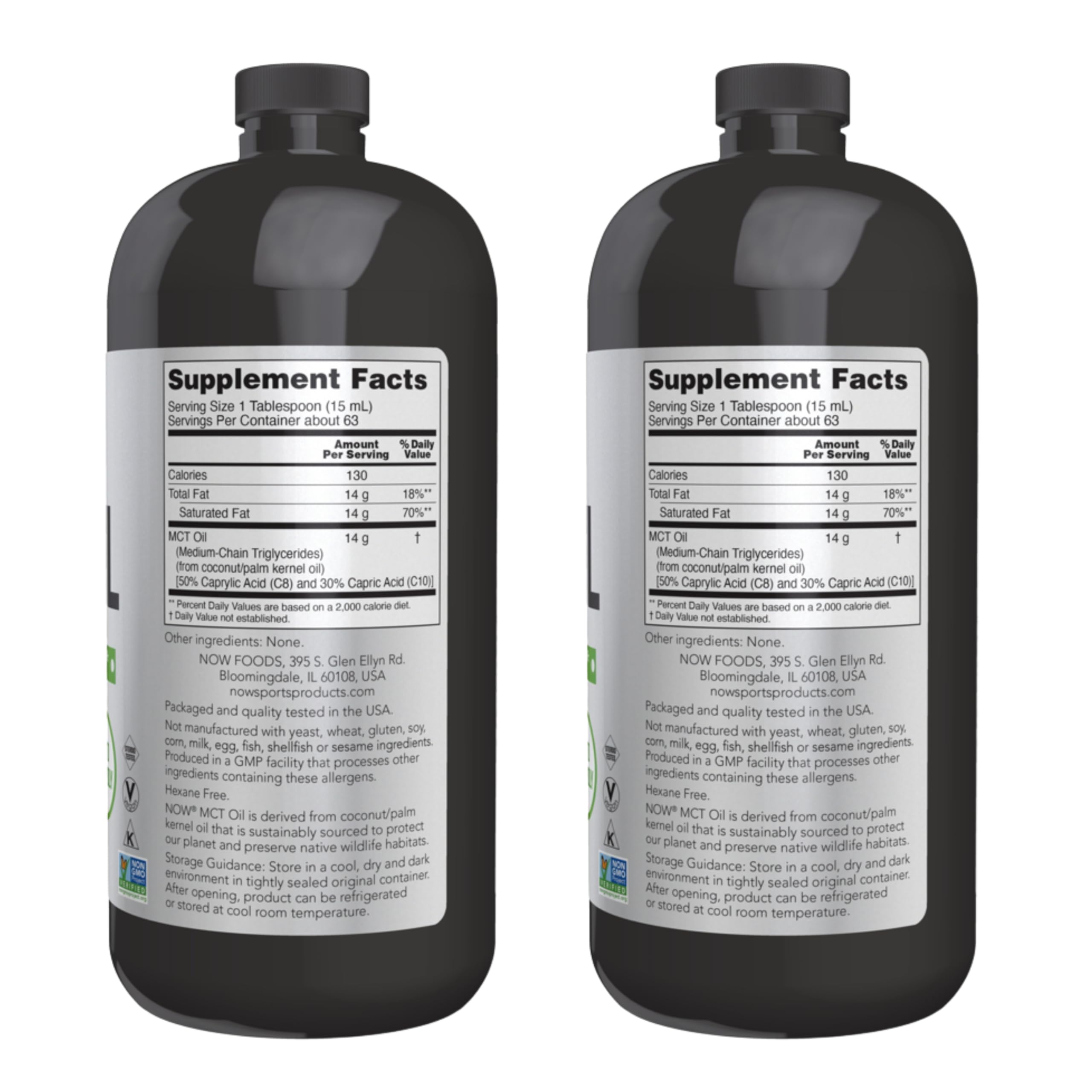 Packaging image showing two bottles of Now Foods MCT Oil