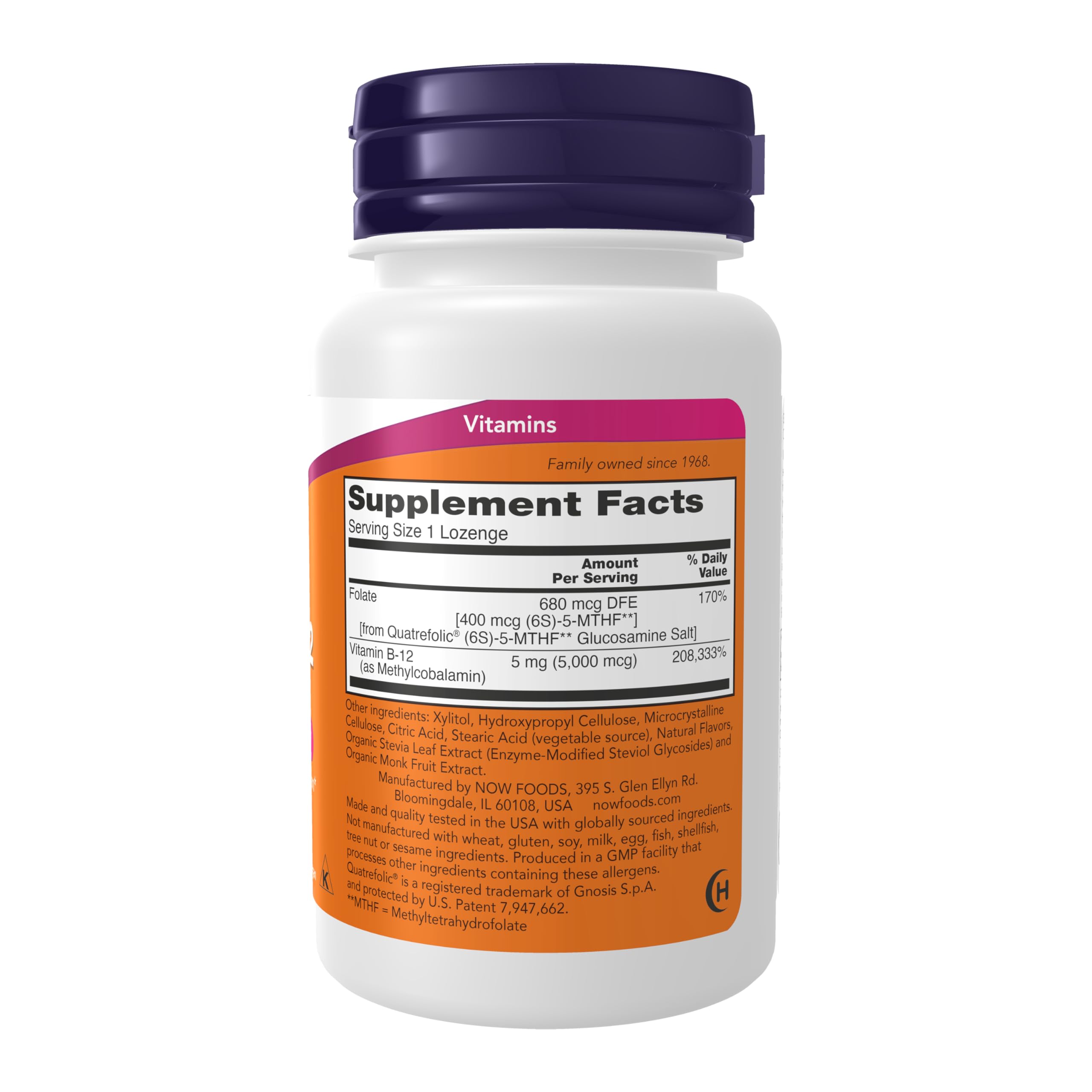 Close-up of NOW Foods Methyl B-12 lozenges bottle