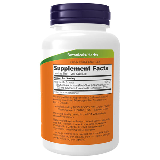 NOW Foods Milk Thistle Extract 750 mg bottle - side view