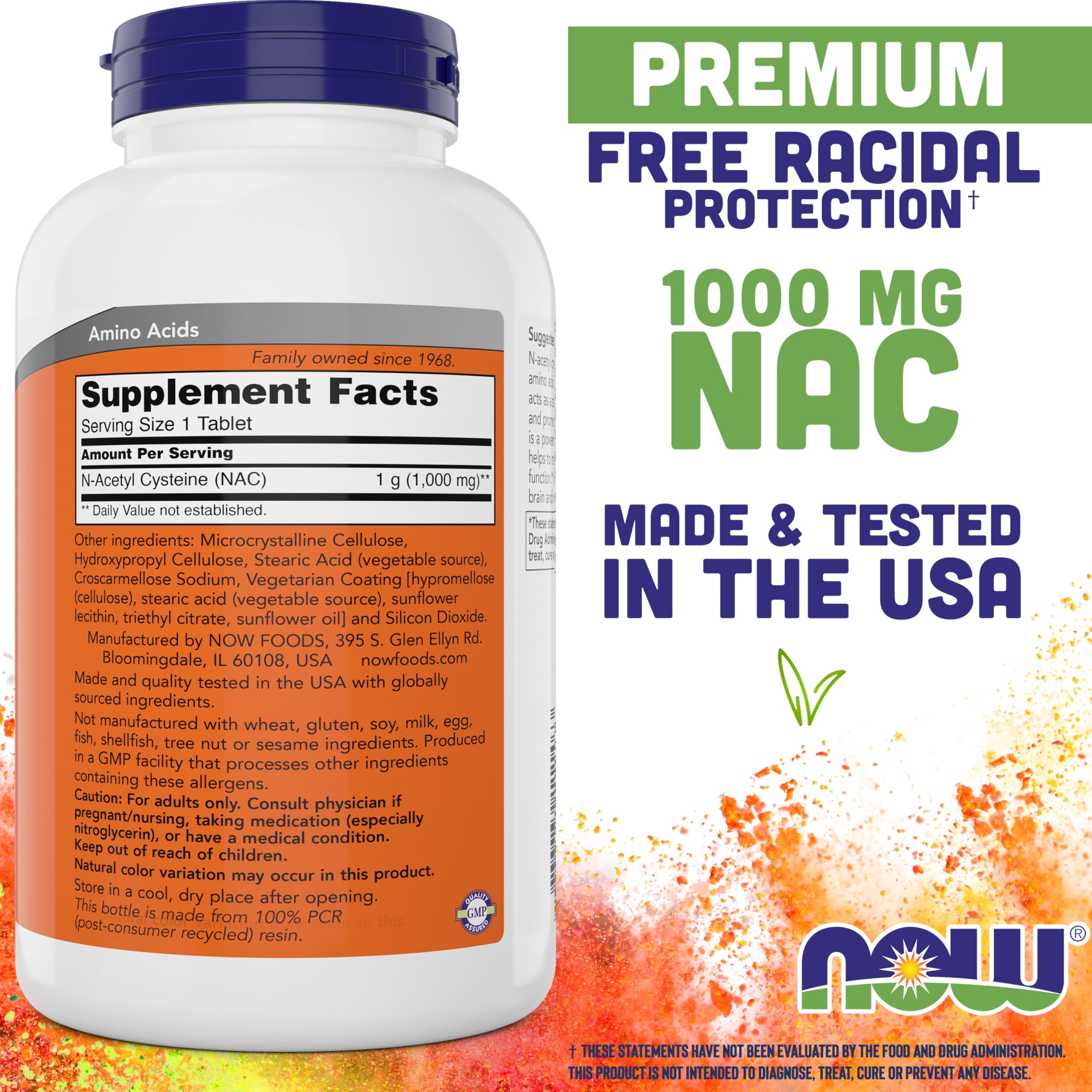 NOW Foods NAC bottle back label highlighting ingredients and vegan status