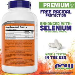 NOW Foods NAC 600 mg bottle label highlighting selenium enrichment for enzyme support.