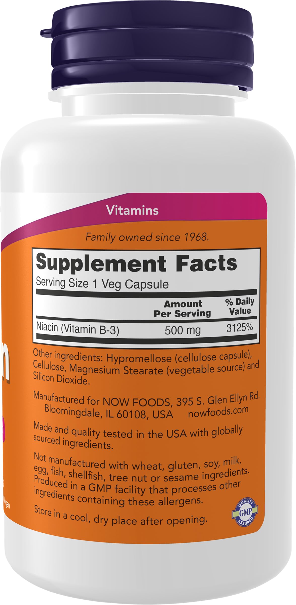 Niacin (Vitamin B-3) capsules inside NOW Foods bottle