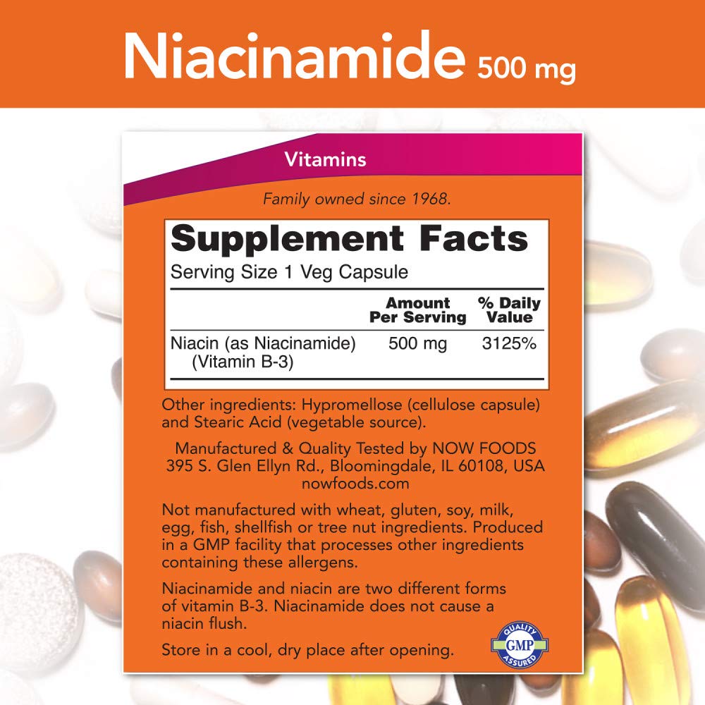 NOW Foods Niacinamide 500mg Vitamin B-3 capsules - back panel