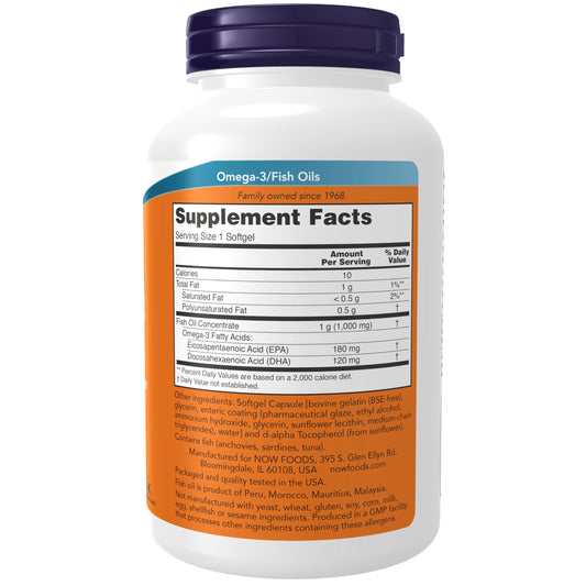 NOW Foods Omega-3 bottle close-up with label