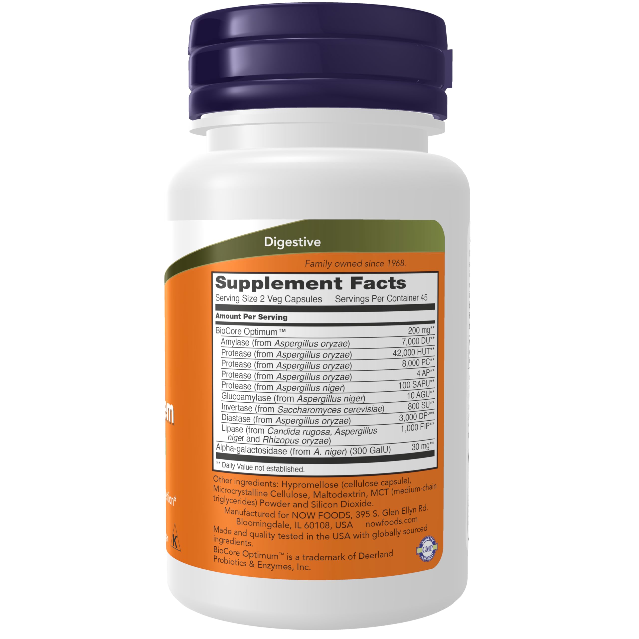Close-up of NOW Foods Optimal Digestive System label and ingredients
