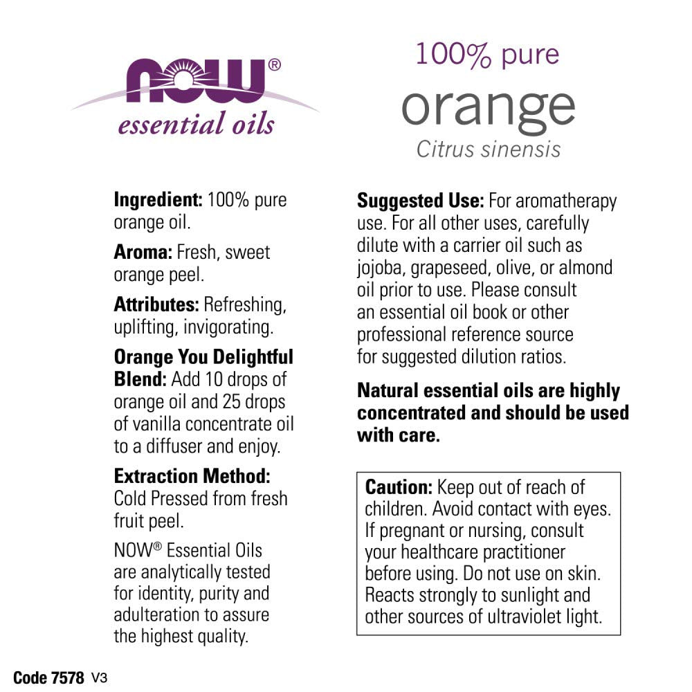 NOW Foods Orange Oil Sweet glass dropper ready for precise diffusion and application.
