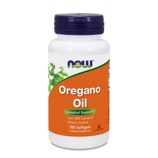 Front view of Now Foods Oregano Oil bottle with label showing 55% carvacrol