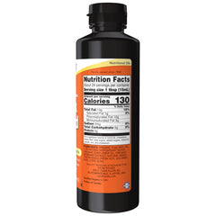 Close-up of NOW Foods flax seed oil label on 12 oz bottle