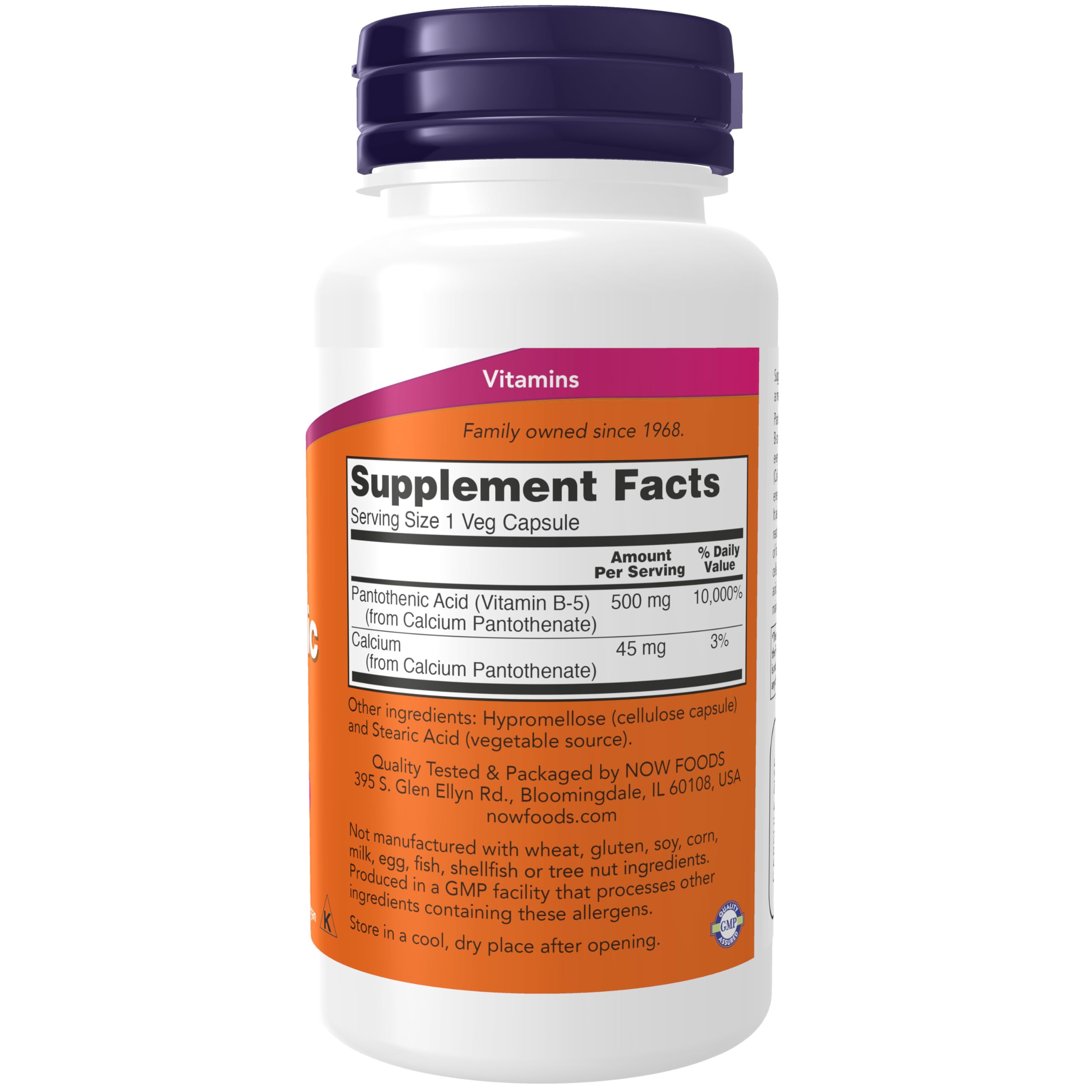Pantothenic Acid 500 mg capsules - bottle side view