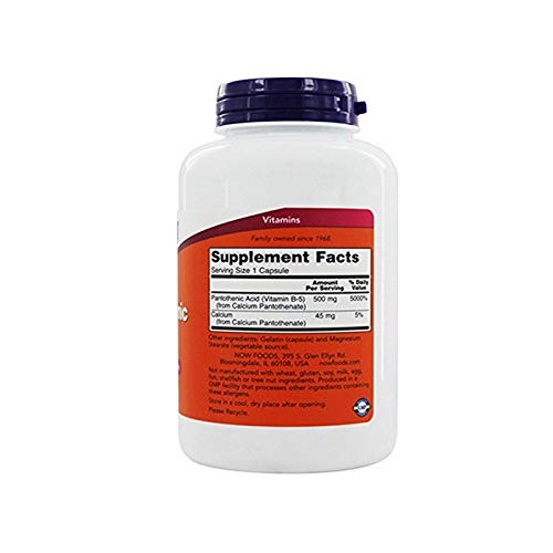 NOW Foods Pantothenic Acid 500 mg bottle – back label and capsules view