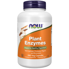 NOW Foods Plant Enzymes bottle with capsules, lactase, protease, papain and bromelain