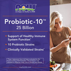 Front label of NOW Foods Probiotic-10 bottle showing 25 Billion CFU