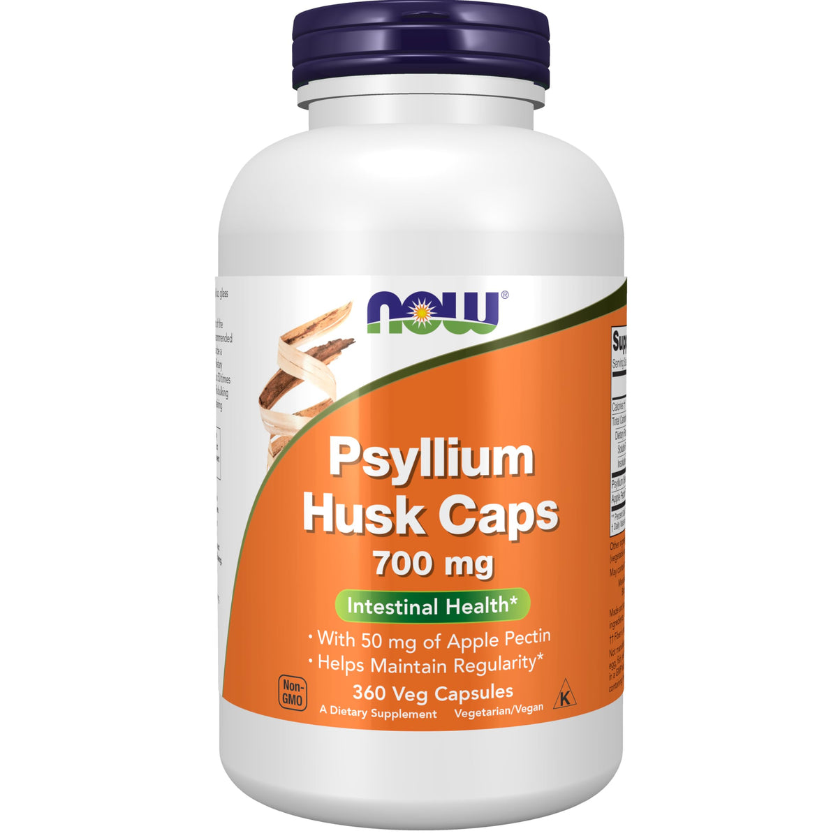 NOW Foods Psyllium Husk Caps bottle label showing 700 mg psyllium and 50 mg apple pectin