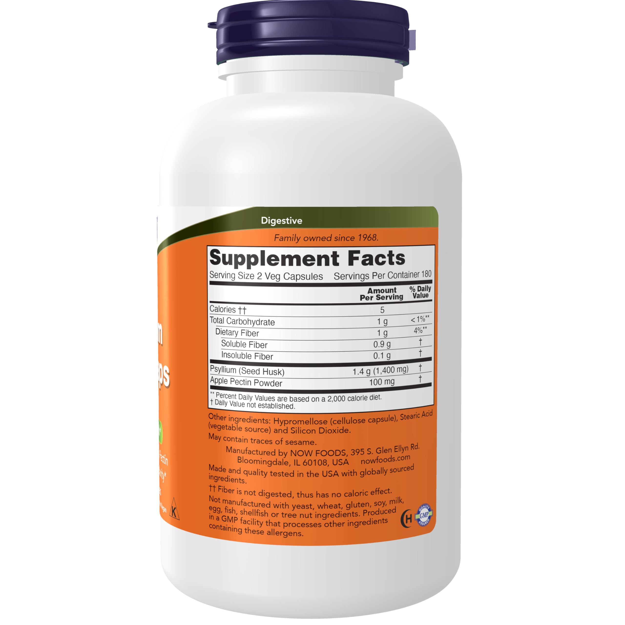 Front view of NOW Foods psyllium husk capsules bottle