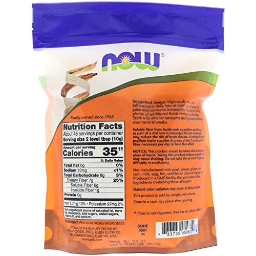 Nutrition facts panel for NOW Foods psyllium husks