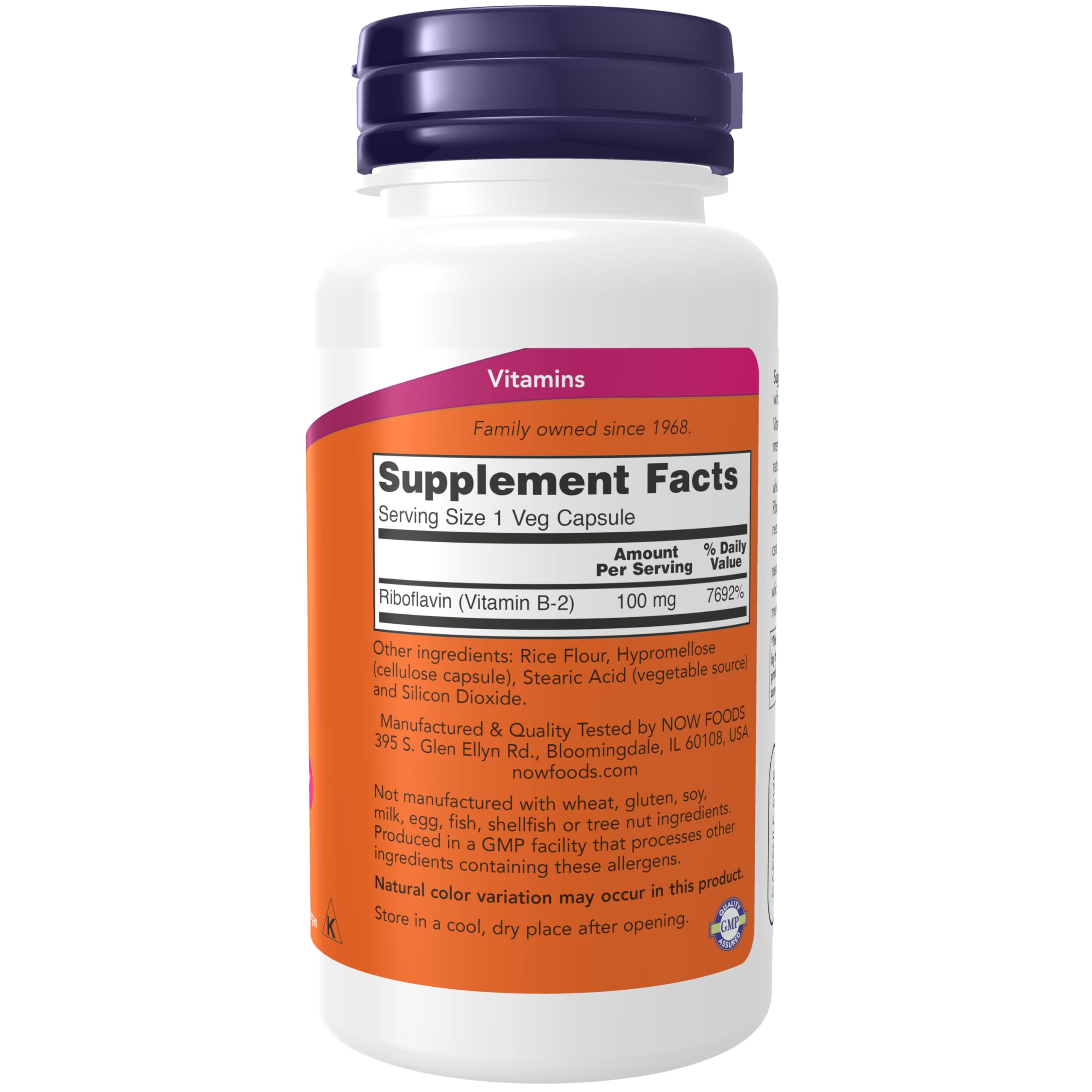 NOW Foods Vitamin B-2 Riboflavin 100 mg bottle and capsules