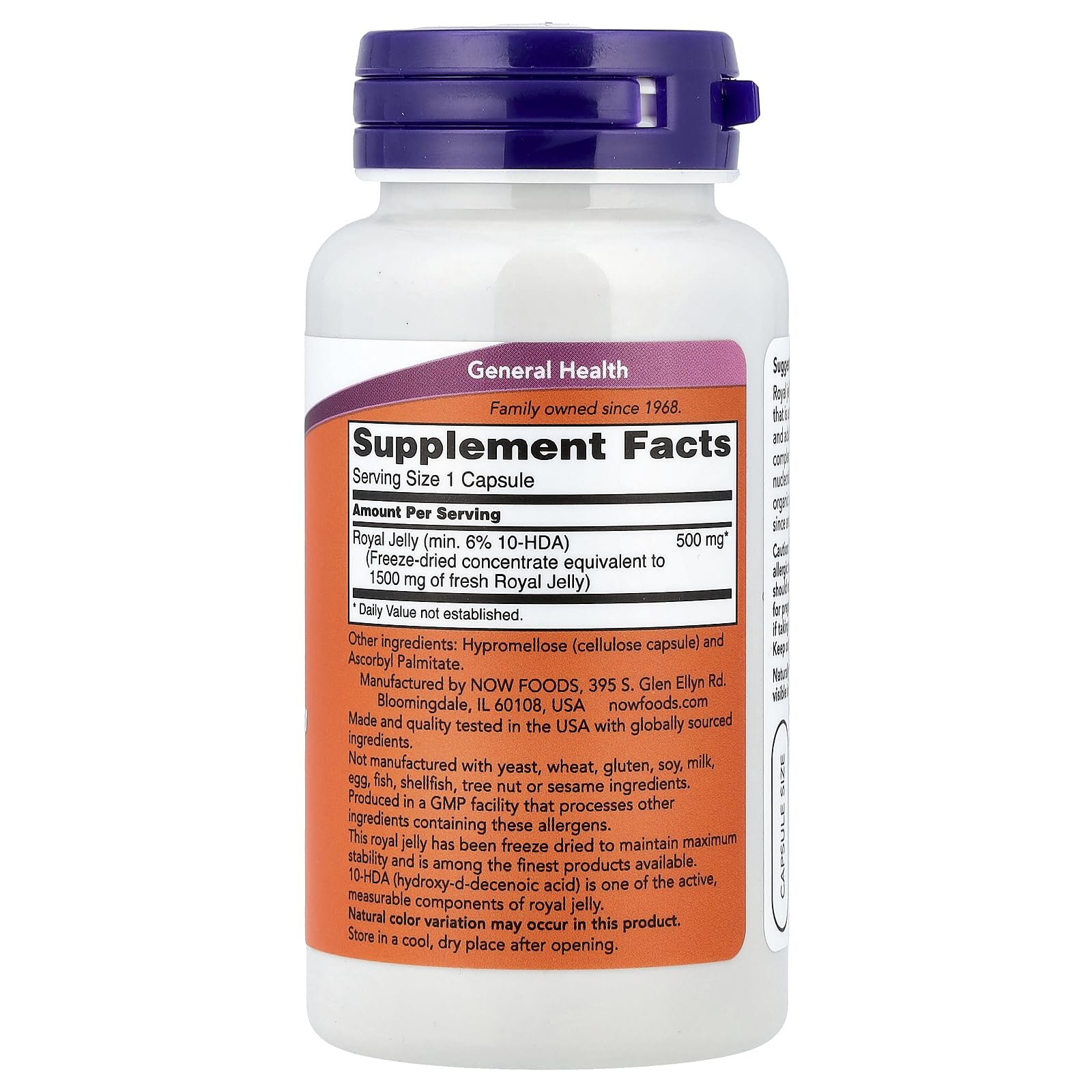 NOW Foods Royal Jelly 1500 mg capsules bottle - side view