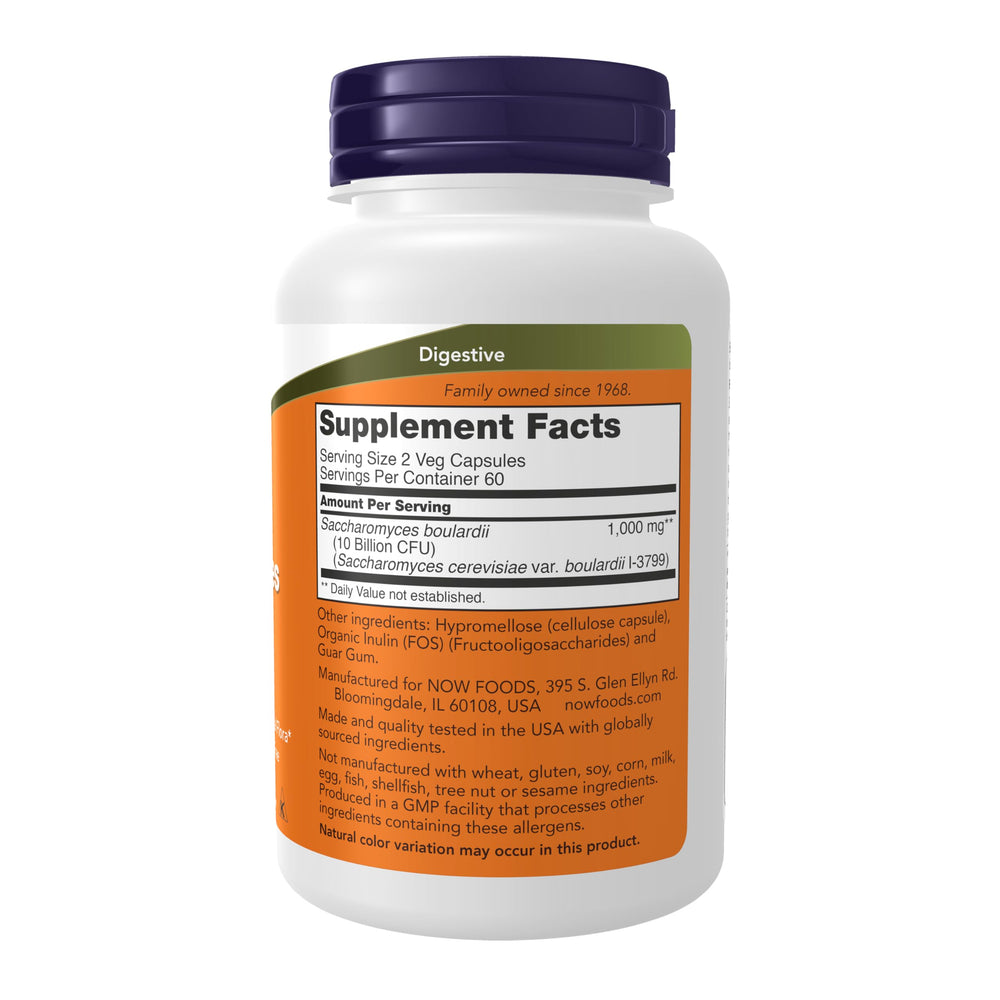 NOW Foods Saccharomyces boulardii probiotic capsules close-up
