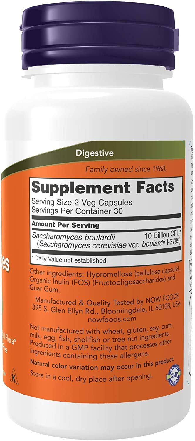 Close-up of Saccharomyces boulardii probiotic vegan capsules bottle label